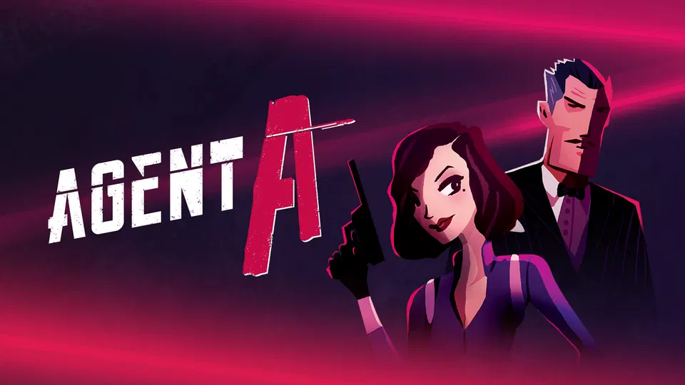 Agent A: A puzzle in disguise – úvodní grafika s logem a dvěma postavami v tmavém pozadí