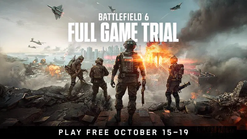 Battlefield 6: propagační obraz s vojáky na troskách města, nad nimi letadla a výbuchy, nápis Full Game Trial