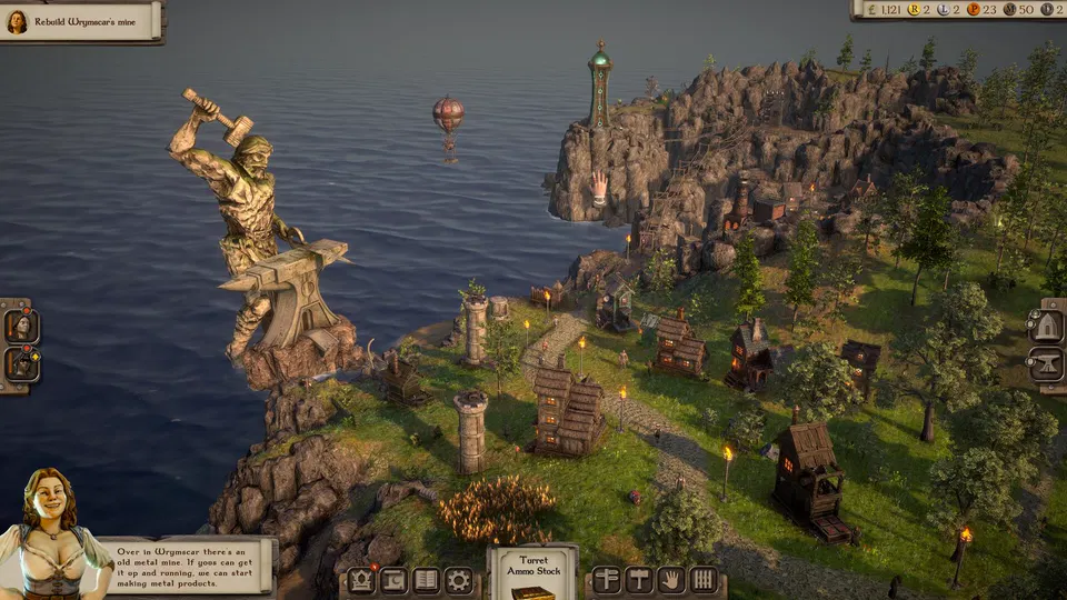 Masters of Albion: pobřeží s kamennou sochou obra u vody a malou osadou na skalnatém ostrově.
