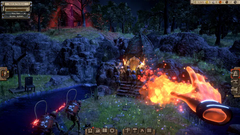 Masters of Albion: noční scéna s ohnivým kouzlem u kamenné stavby a postav u potoka.