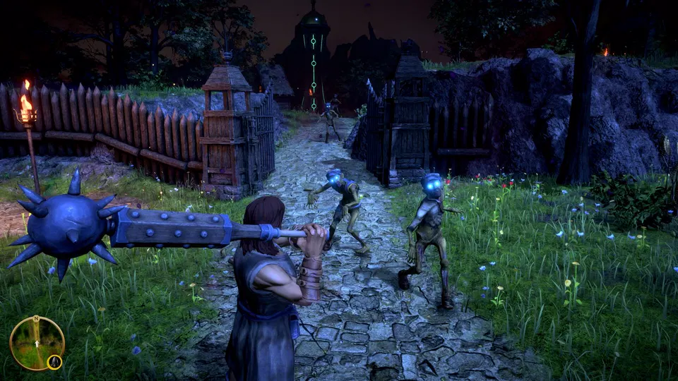 Masters of Albion: postava s ozdobnou palicí jde po kamenné cestě mezi modře zářícími bytostmi.