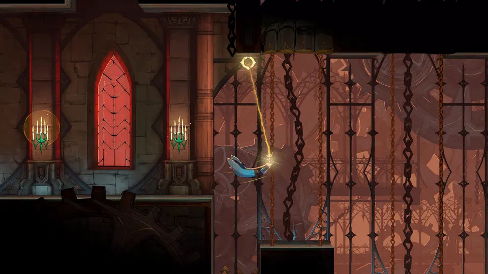 Castlevania: Belmont's Curse – hrdina s bičem v gotické hale, vedle červeného okna a svícnů