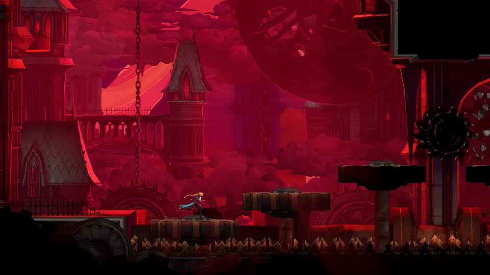 Castlevania: Belmont's Curse – postava v červeně laděném městě s gotickými věžemi a ostny dole