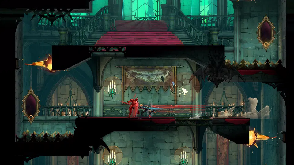 Castlevania: Belmont's Curse – souboj s nepřáteli v osvětlené zámecké hale se schodištěm