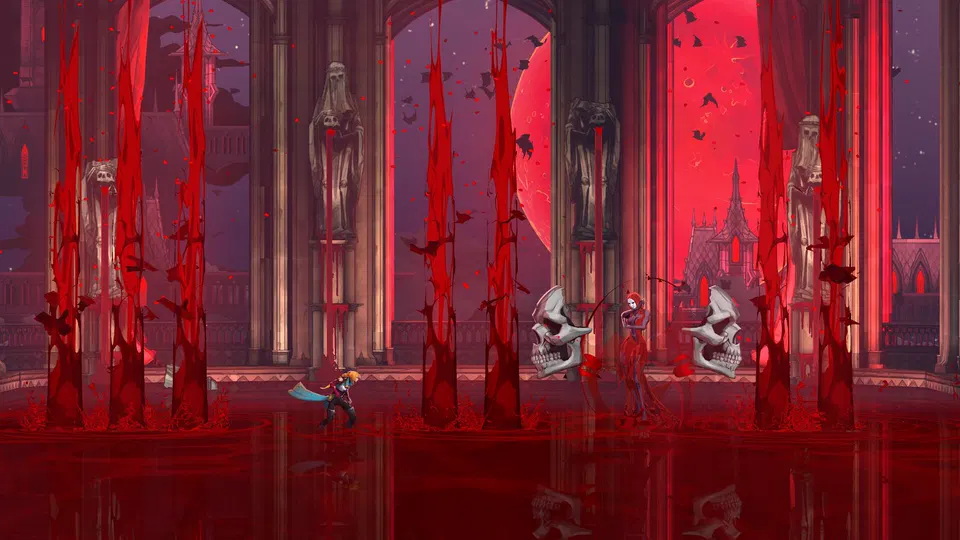 Castlevania: Belmont's Curse – hrdina a kostlivečtí nepřátelé mezi krvavými sloupy pod rudým měsícem