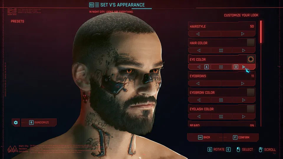 Cyberpunk 2077: editor vzhledu postavy s tetovaným mužem a nabídkou úprav očí, vlasů a obočí.