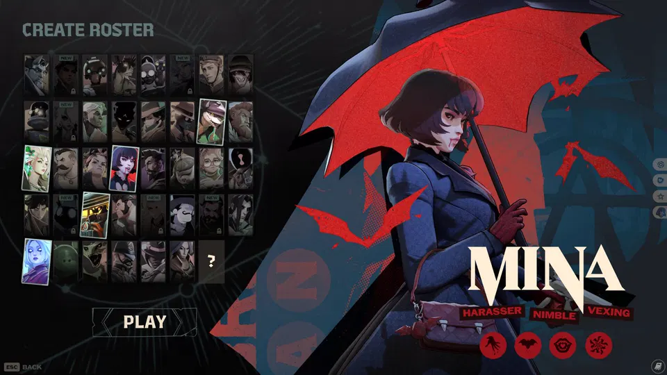 Deadlock: výběrová obrazovka Create Roster s mřížkou postav a velkou ilustrací hrdinky Mina.
