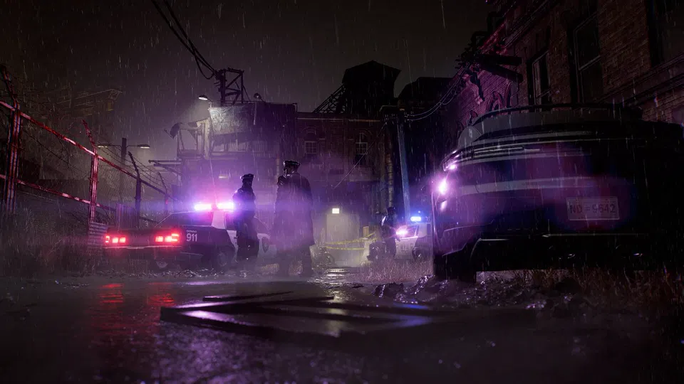 Resident Evil: Requiem – noční ulice v dešti s blikajícími policejními světly a vozidly