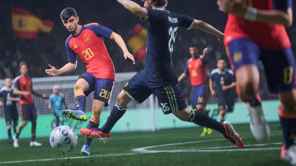 EA Sports FC 27: hráč ve španělském červeno-modrém dresu s číslem 20 driblingem míří k bráně