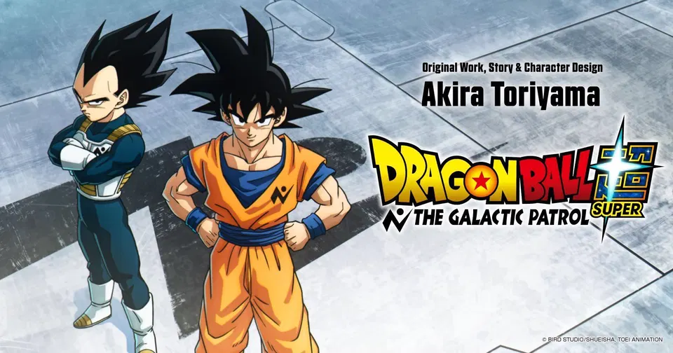 Dragon Ball Super: The Galactic Patrol, Vegeta a Goku stojí vedle sebe na šedém pozadí s logem a titulkem