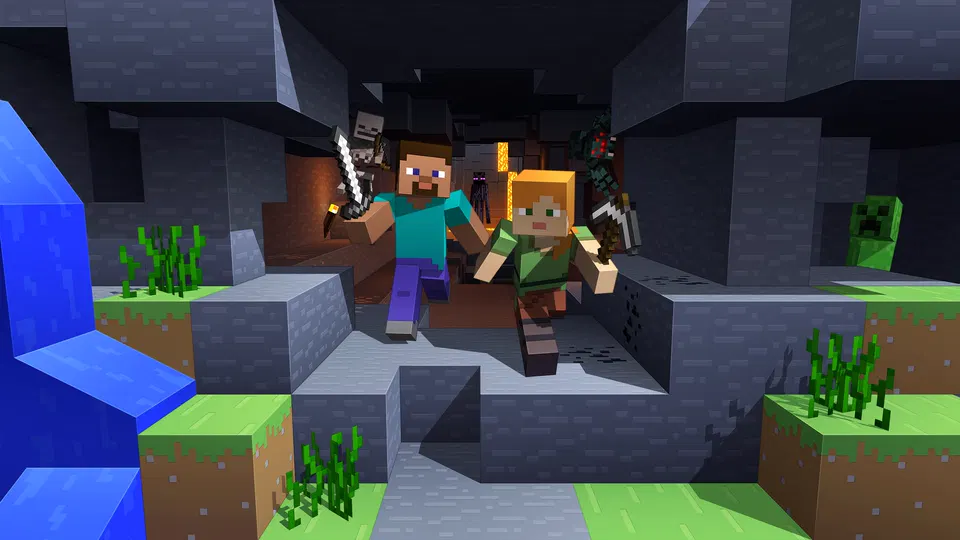 Minecraft – Steve a Alex v jeskyni, v pozadí creeper
