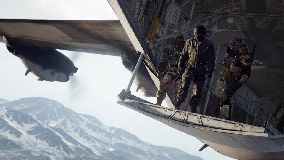 Call of Duty: Modern Warfare 4 – vojáci v maskování vyskakují z nákladního letadla nad zasněženými horami