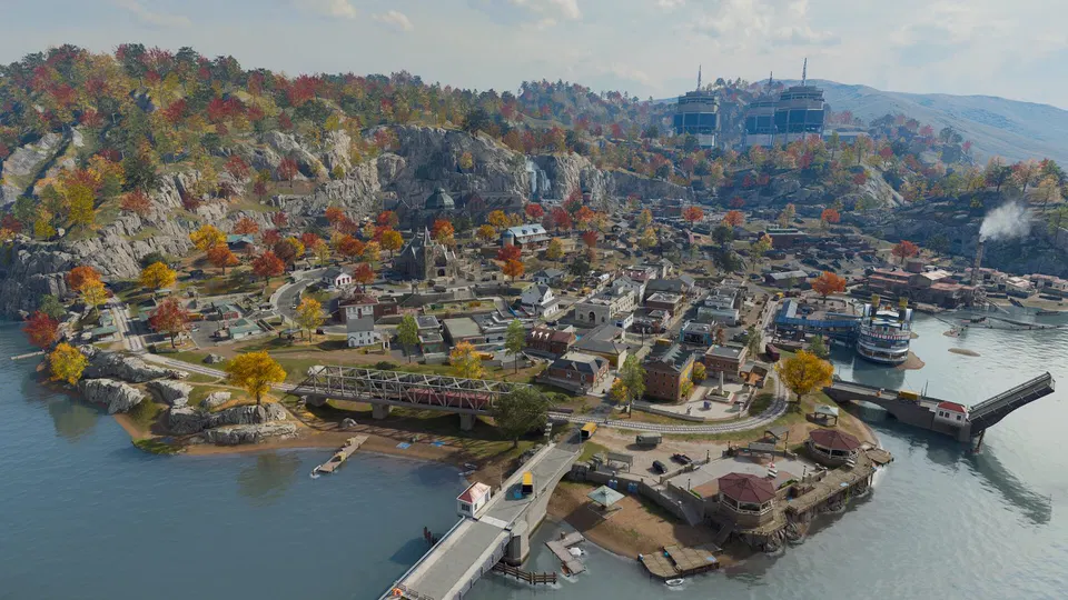 Call of Duty: Modern Warfare 4 – městečko u jezera s podzimními stromy, lanovkou a lodí v pozadí