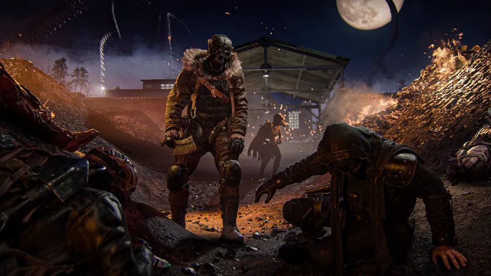 Call of Duty: Modern Warfare 4 – noční scéna s postavou v plynové masce a úplňkem nad zničenou zástavbou