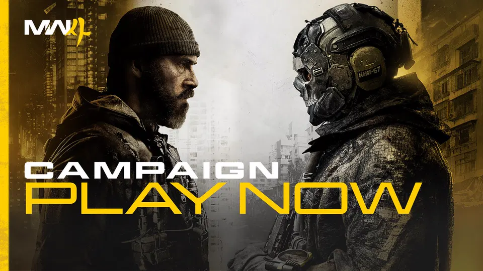 Call of Duty: Modern Warfare 4 – kampaň, dvě postavy v profilu a nápis Campaign Play Now