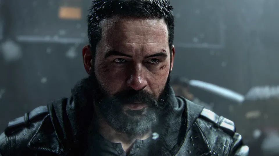 Call of Duty: Modern Warfare 4 – vousatý muž v zimní bouři, detailní záběr