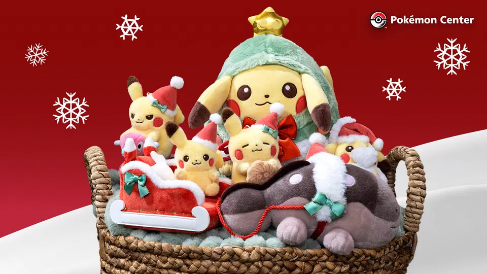 Pokémon Holiday Helper: vánoční plyšáci v čepicích Santy, na saních v proutěném košíku