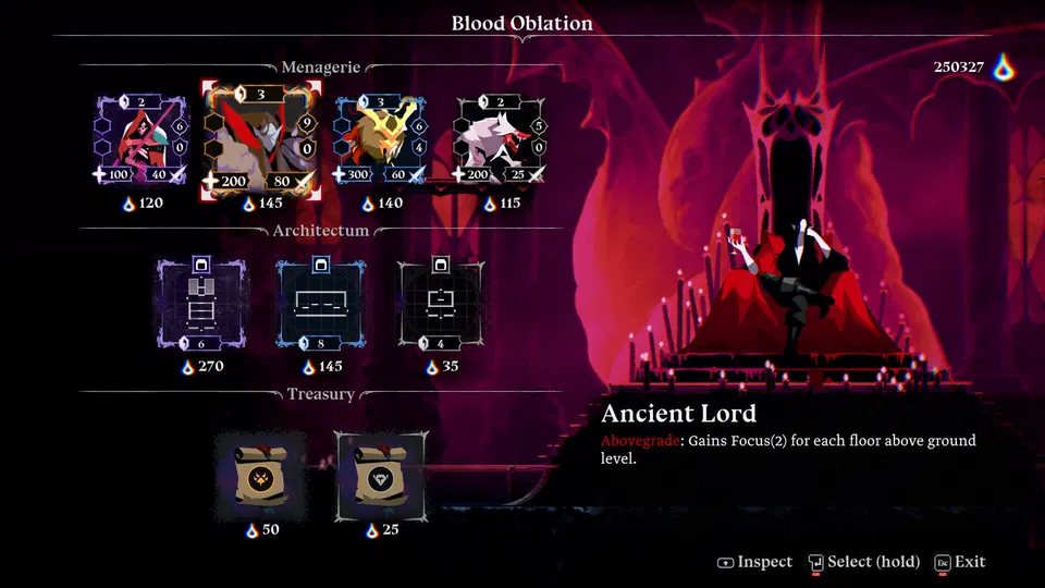 ReVamp: obrazovka Blood Oblation s výběrem jednotek, architektury a pokladů, popis Ancient Lord