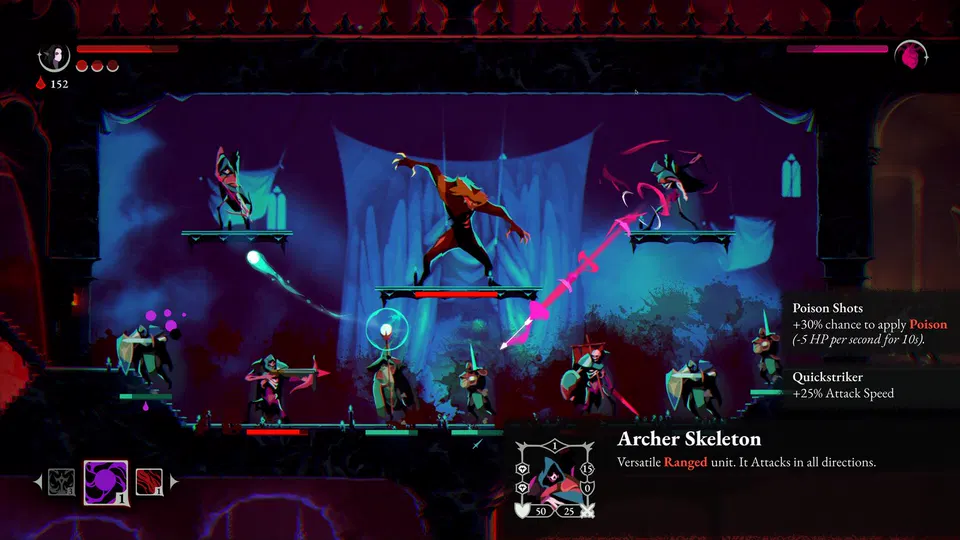 ReVamp: jednotka Archer Skeleton v souboji, s popisem schopností Poison Shots a Quickstriker