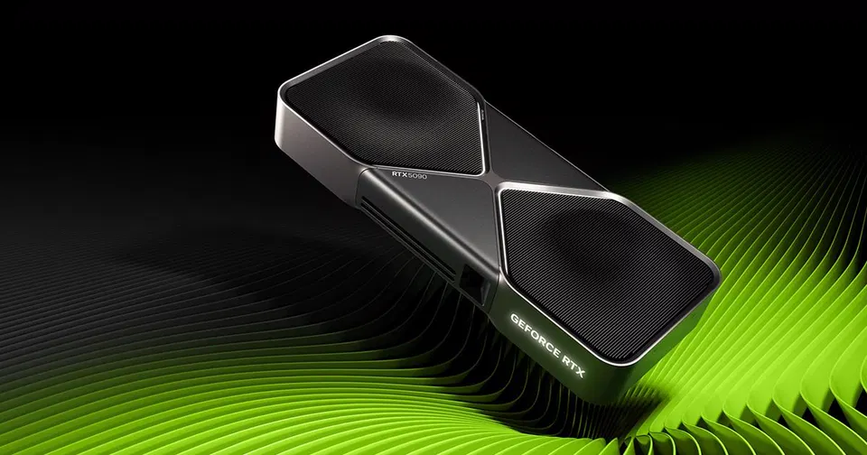 Grafická karta GeForce RTX s černým chladičem a zeleným vlnitým pozadím.