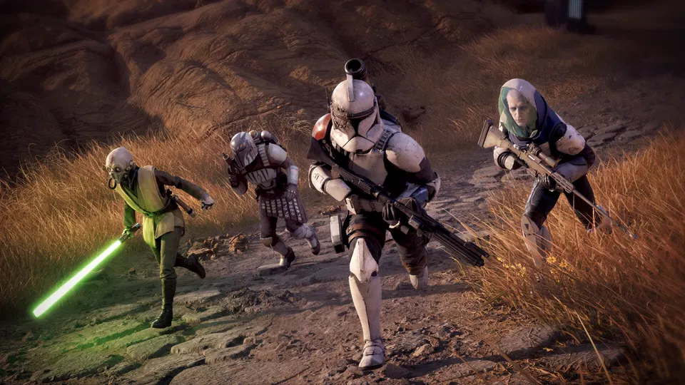 Star Wars Zero Company: zelený světelný meč, klon a dva bojovníci v suché krajině s trávou