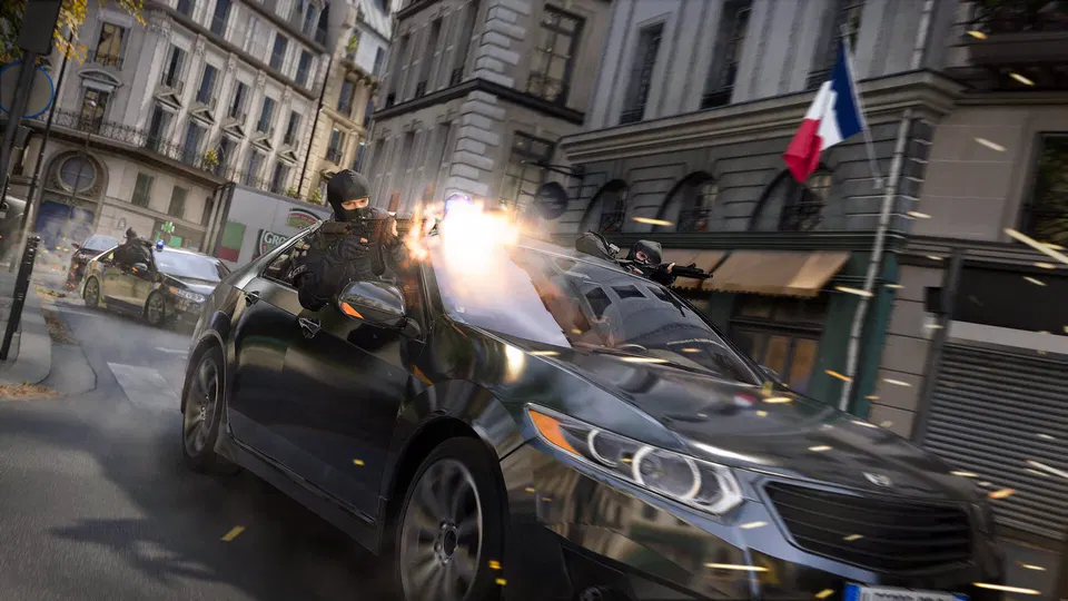 Call of Duty: Modern Warfare 4 – ozbrojenec v černém autě střílí z okna na ulici s francouzskou vlajkou.