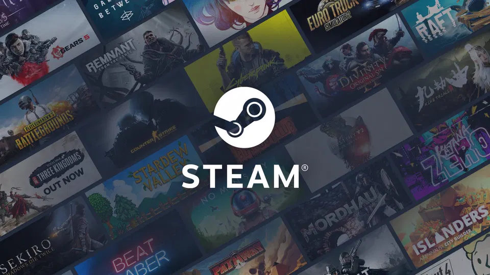 Steam: logo platformy Steam uprostřed, kolem něj mozaika obalů různých her na pozadí.