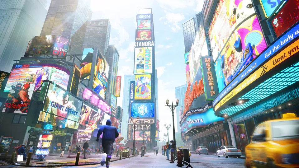 Street Fighter 6: velká městská ulice s billboardy, taxíkem a běžícím mužem v modrém oblečení