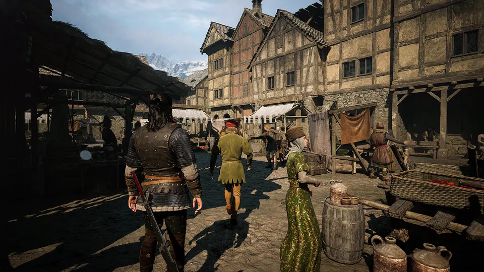 The Blood of Dawnwalker: postavy procházejí středověkým městským náměstím se stánky a dřevěnými domy